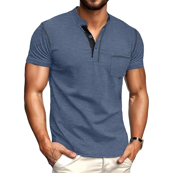 Heathered Blue Short-Sleeve Henley Shirt with Contrast Trim