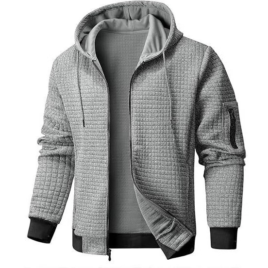 Men's Pure Color Lightweight Hooded Sweatshirt Full Zipper Waffle Sweatshirt Casual Jacket Jacket