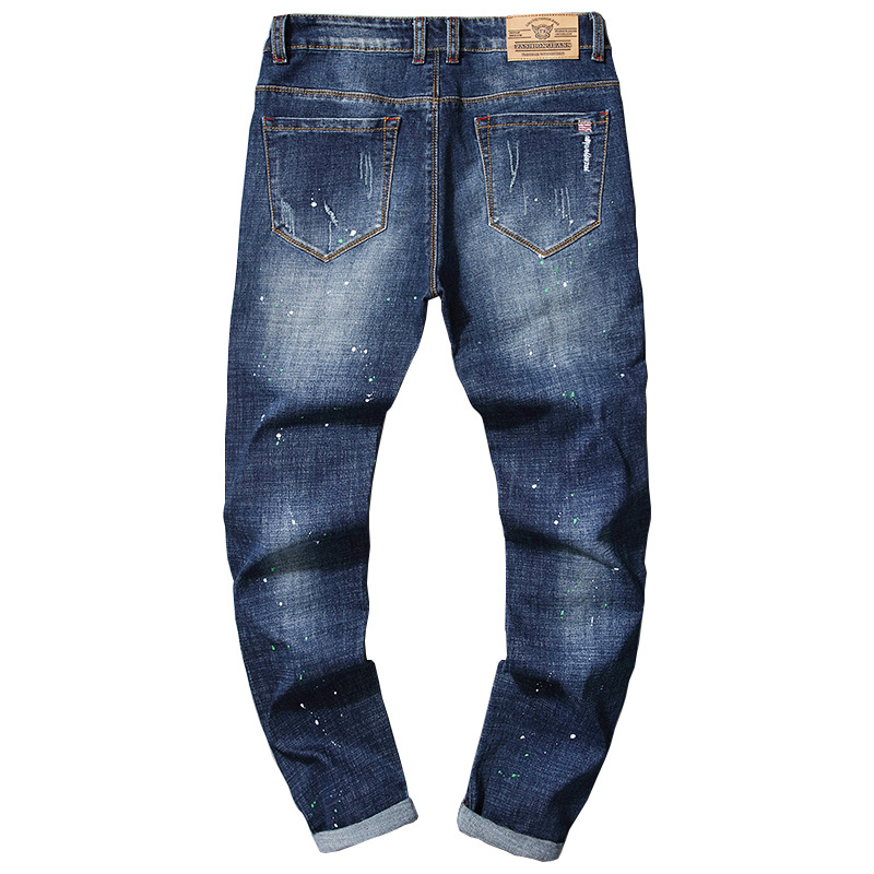 Men's Ripped Embroidered Slim-fit Stretch Small Straight Jeans Men's Paint Tilt Lacquer Pants