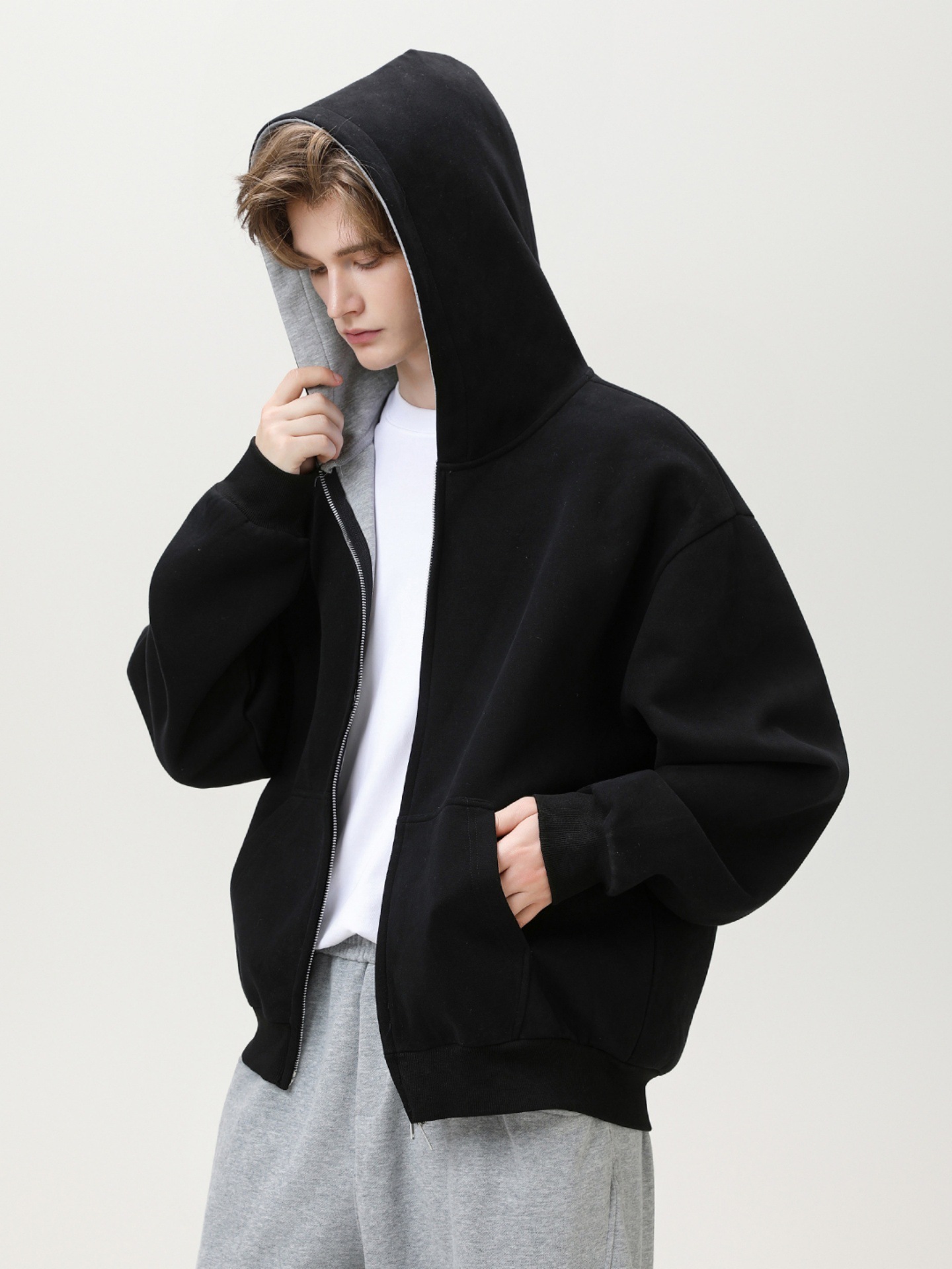 Men’s 380GSM Heavyweight Contrast-Lined Zip-Up Hoodie — Relaxed Fit, Fall Streetwear Jacket