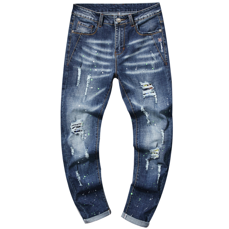 Men's Ripped Embroidered Slim-fit Stretch Small Straight Jeans Men's Paint Tilt Lacquer Pants