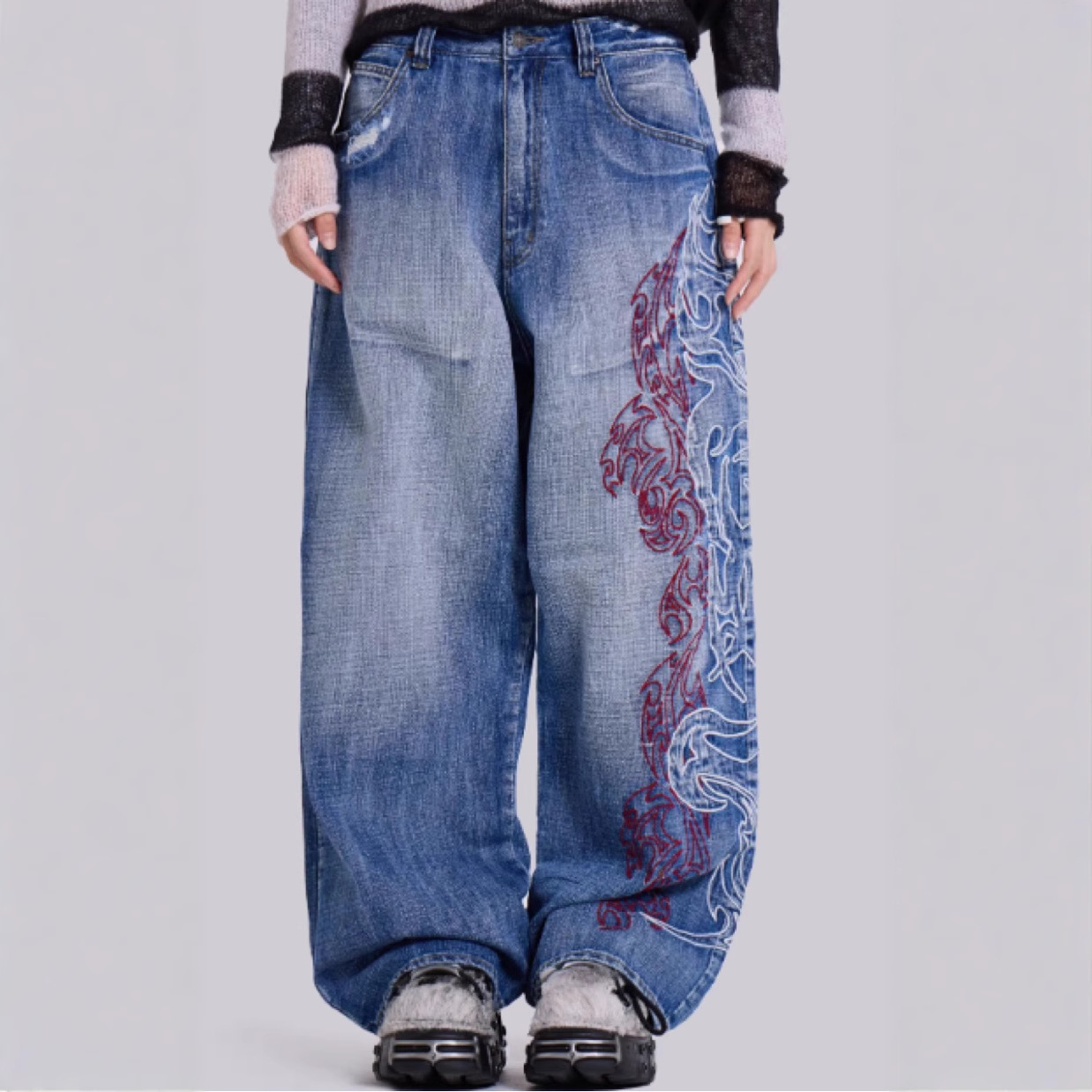 Printed Jeans Men's Straight Loose Floor-Length Wide-Leg Pants Spring Ins Trendy High Street Long Pants