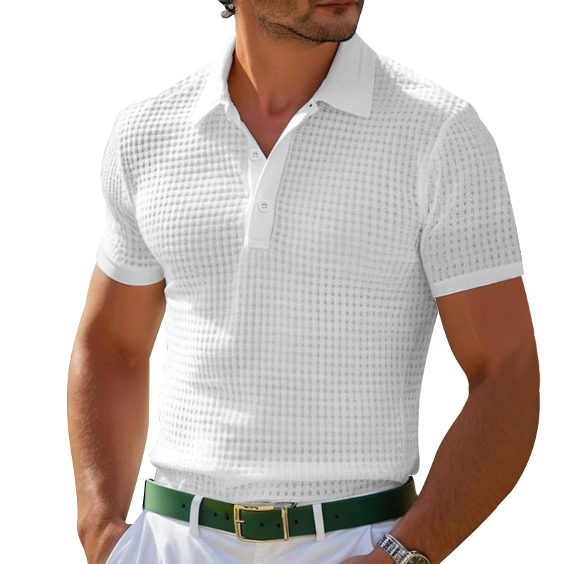 2025 Summer Polo Shirt Button Waffle Men's T-Shirt Sports Polo Shirt