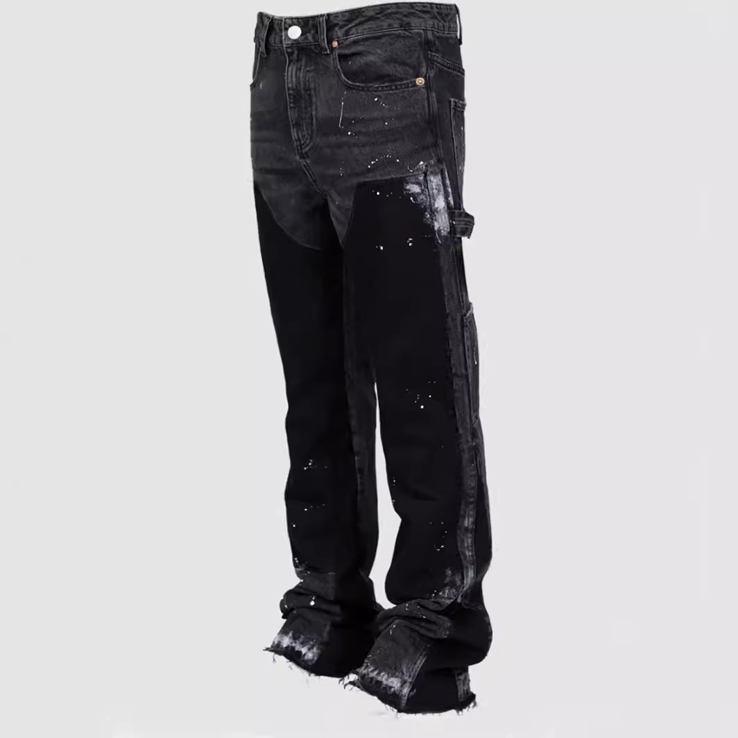 Men's Denim overalls European and American fashion ins overalls explosive stretch patch Denim laminated flared pants