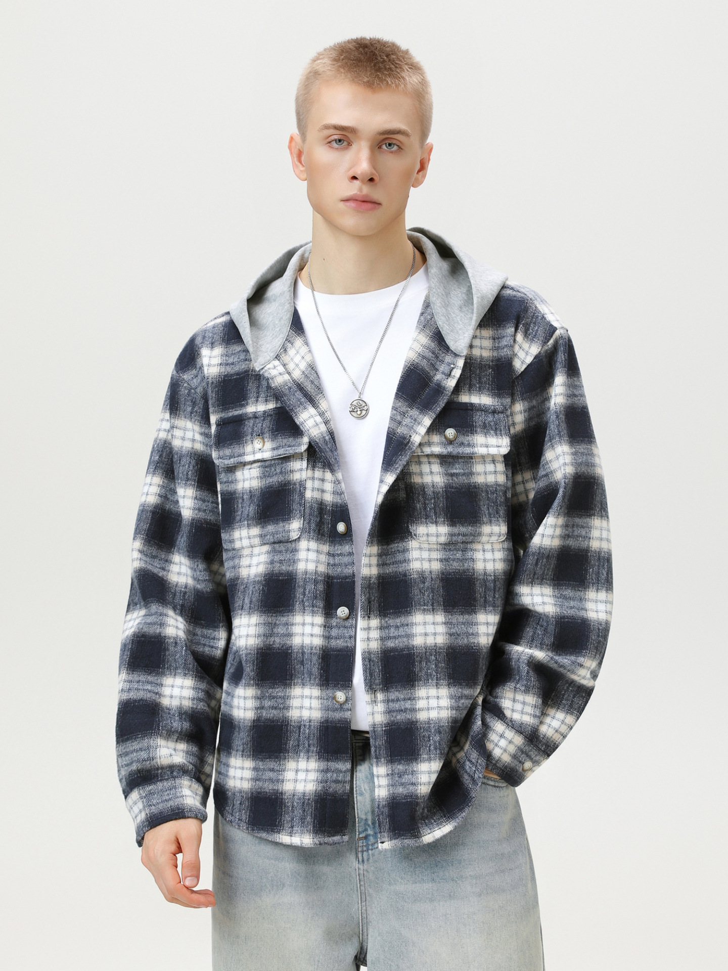 Men’s Vintage Brushed Plaid Hooded Shirt — Contrast Panel, Long Sleeve | Fall Streetwear