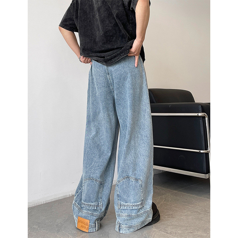 High-level Retroreflective Flip-on Jeans Men's American-style Fashionable Vibe Duffy Handsome Loose All-match Micro-lar Pants