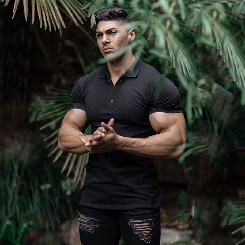 Muscle men's sports polo shirt summer lapel short-sleeved T-shirt Men's Fitness tights running training clothes