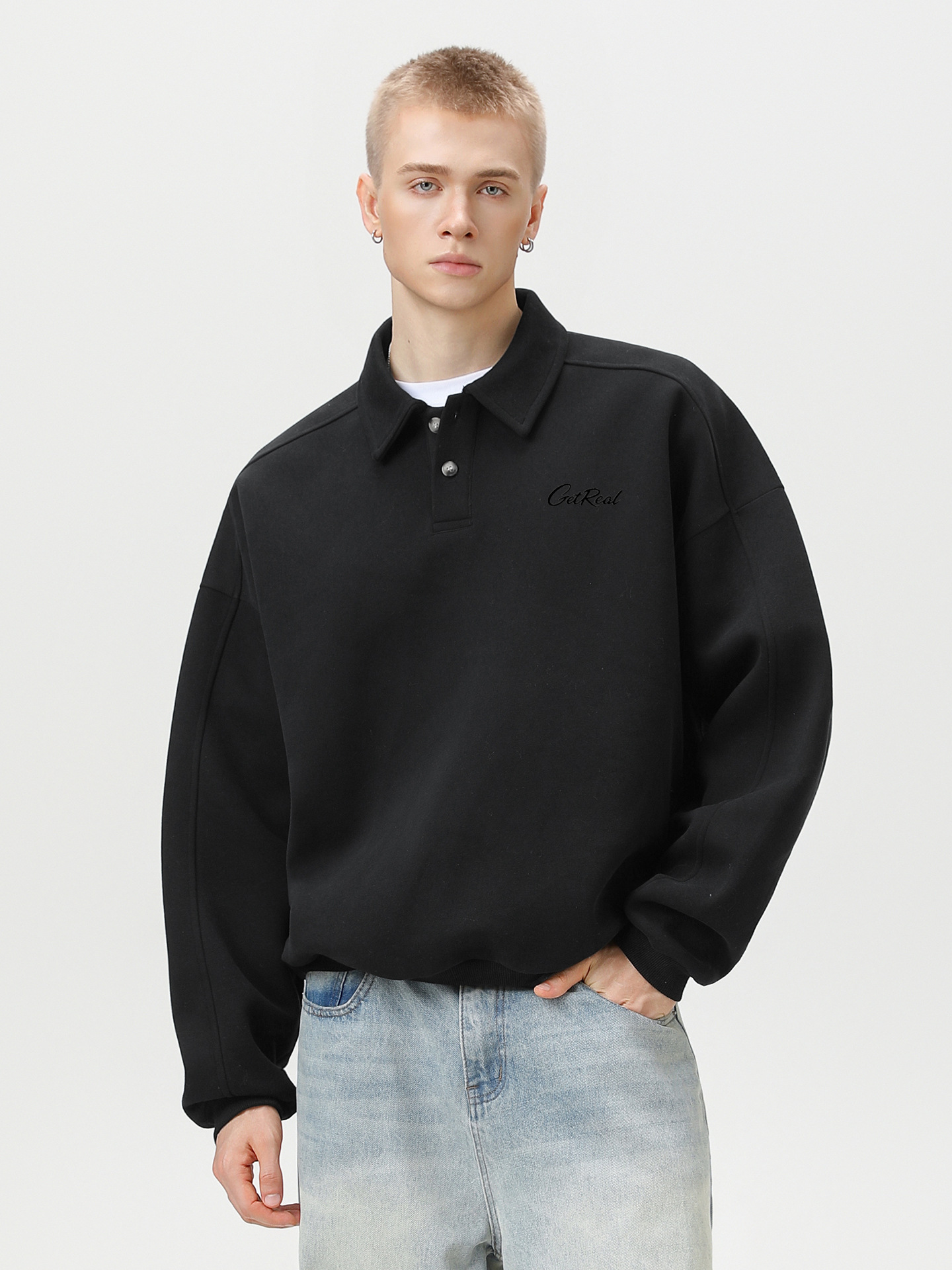 Men’s Heavyweight Polo-Collar Sweatshirt — Letter Graphic, Boxy Cropped Fit, Streetwear Pullover | Fall