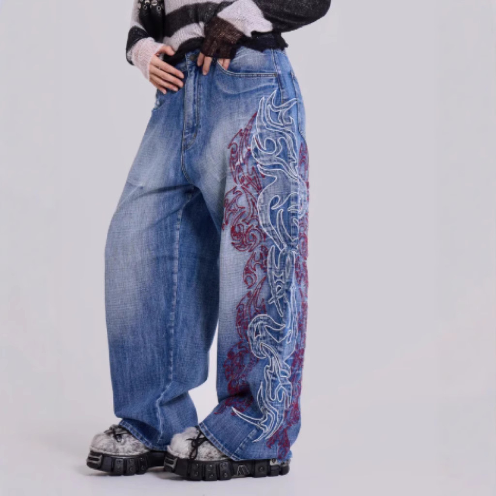 Printed Jeans Men's Straight Loose Floor-Length Wide-Leg Pants Spring Ins Trendy High Street Long Pants