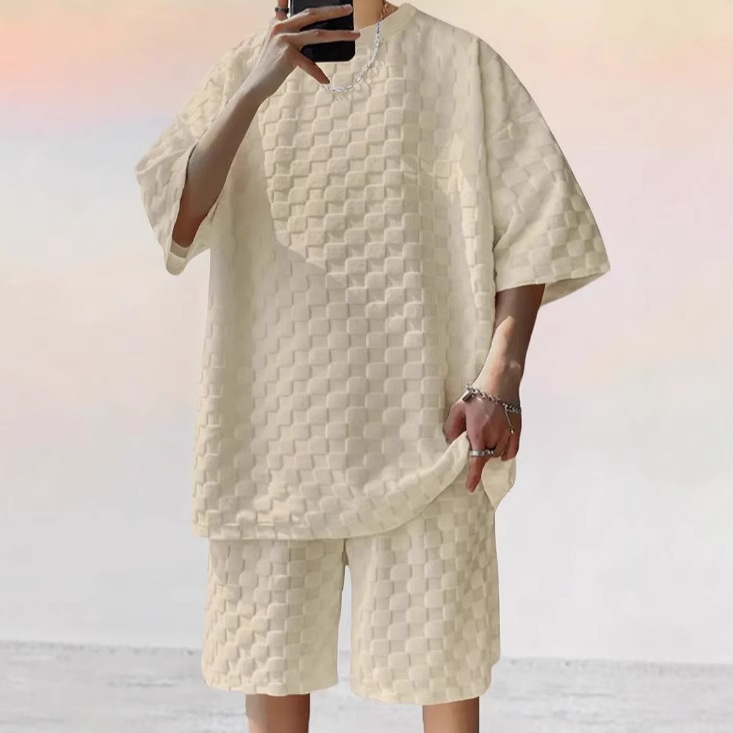 2025 European and American Cross-border Trendy Brand Men's Chessboard Spring and Summer Loose Sports Leisure Two-piece Suit Men's Foreign Trade Wholesale